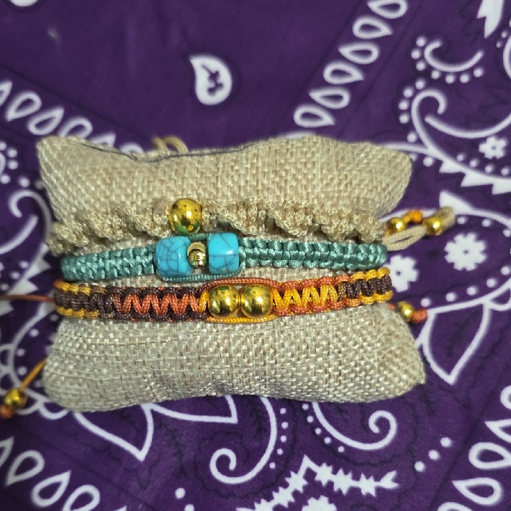 Turquoise & Gold Beaded Macrame Bracelet Set